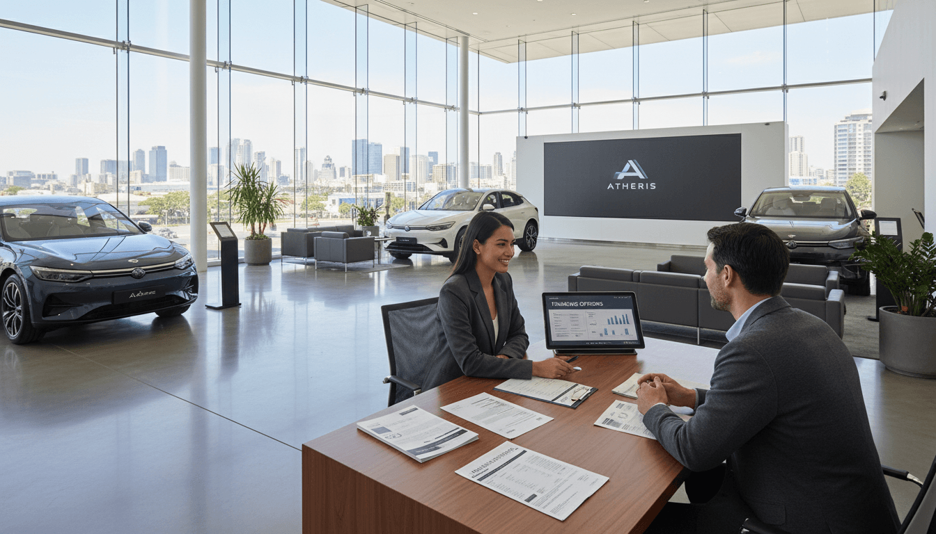 Modernes Autohaus mit freundlichem Berater und Kunden in professionellem Umfeld bei Finanzierungsgespräch