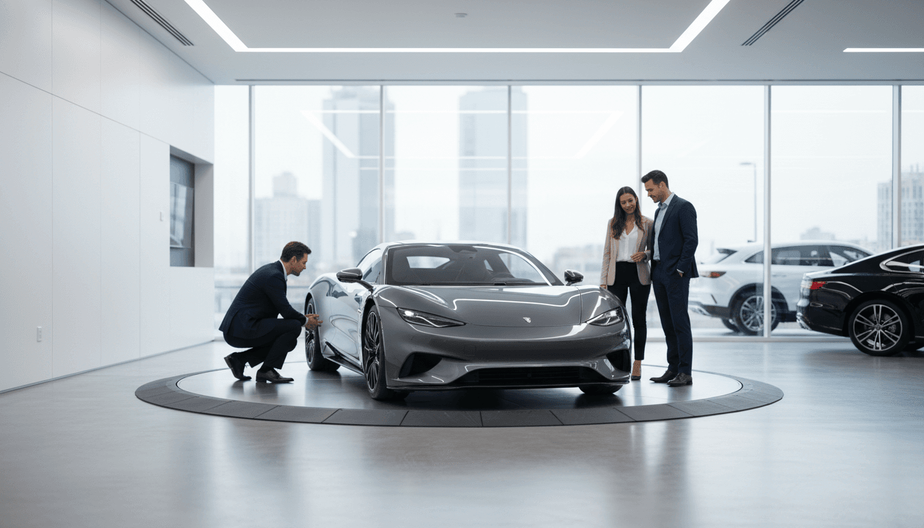 Modernes Autohaus-Showroom mit professionellem Verkaufsberater und glänzenden Fahrzeugen unter hochwertiger Beleuchtung