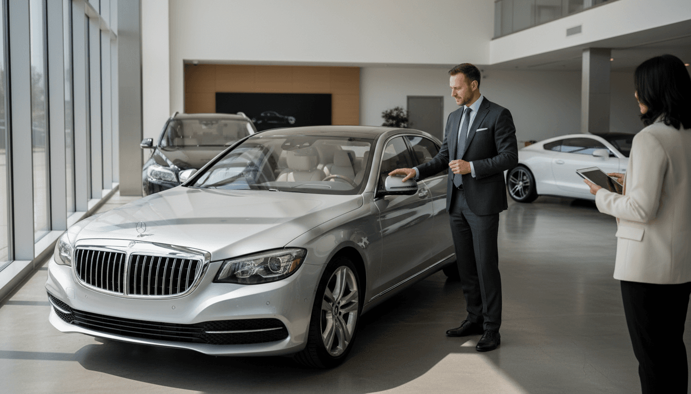 Verkaufsberater in modernem Autohaus begrüßt Kunden