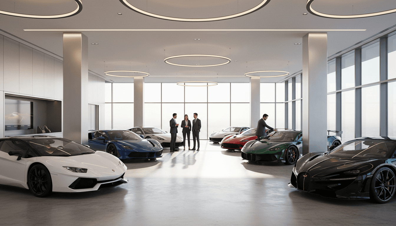 Moderner Fahrzeugausstellungsraum mit Luxusfahrzeugen unter professioneller Beleuchtung